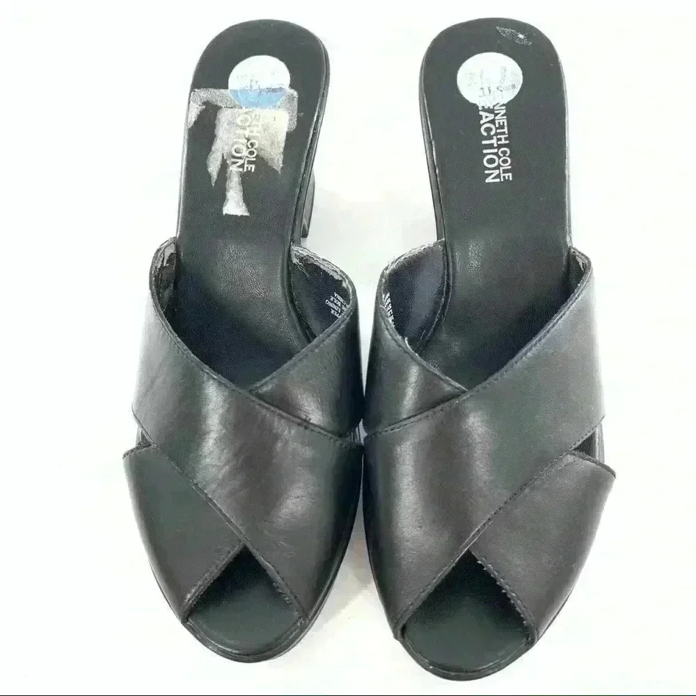 Kenneth Cole reaction sandals 7.5 head light black leather Y2k chunky vintage